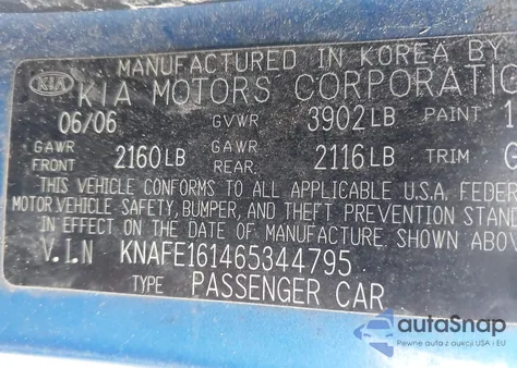 2006 Kia Spectra5 from USA, damaged, VIN KNAFE161465344795